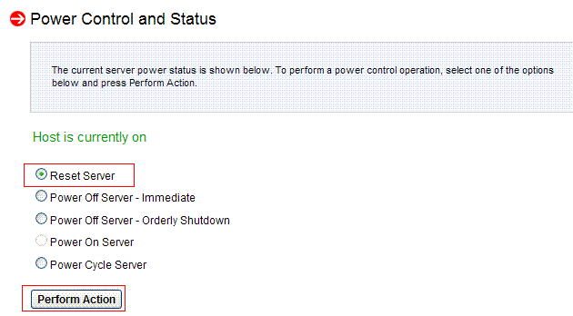Select 'Reset Server' Option and click 'Perform Action'